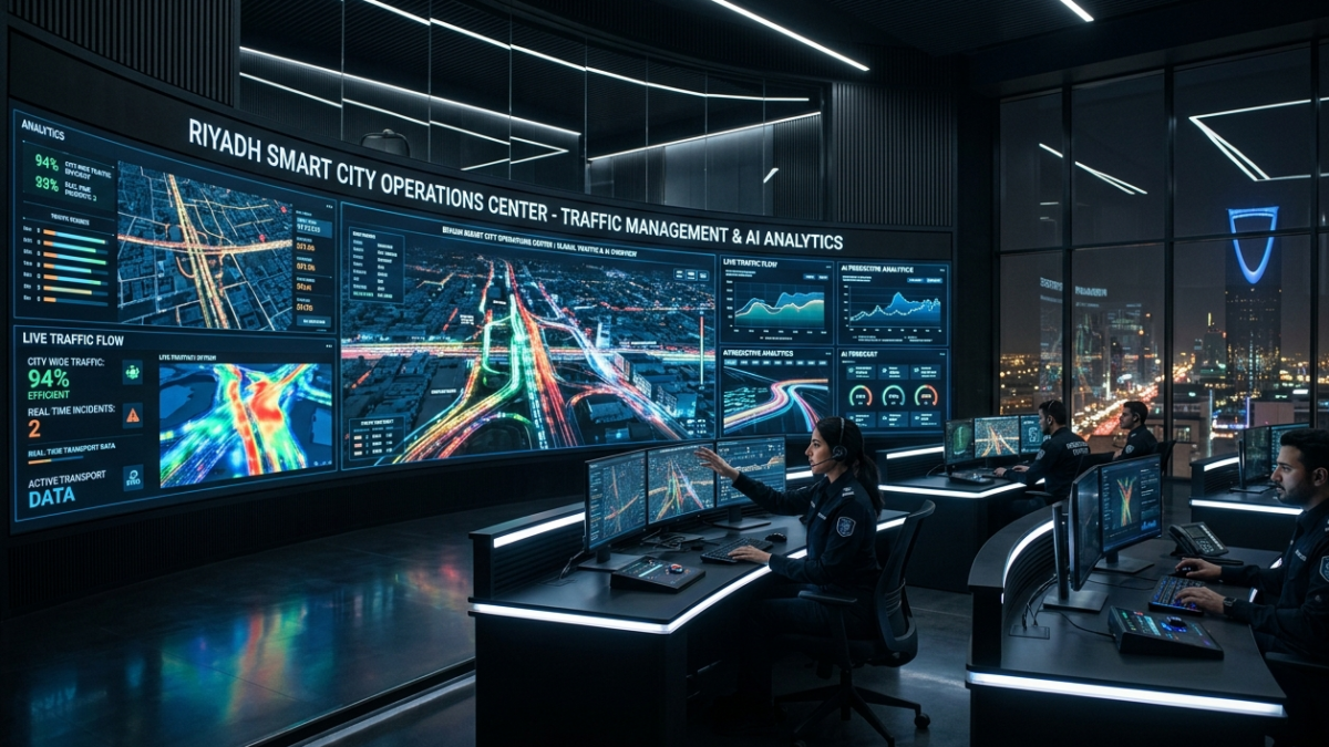Modern smart city AI operations center with holographic urban data displays in Saudi Arabia.