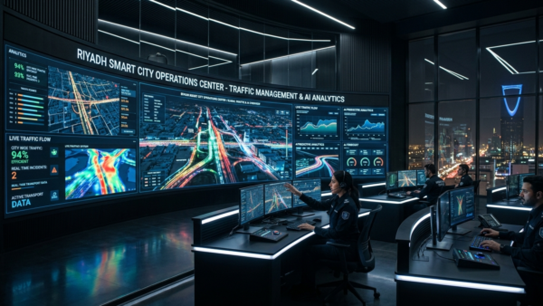 Modern smart city AI operations center with holographic urban data displays in Saudi Arabia.