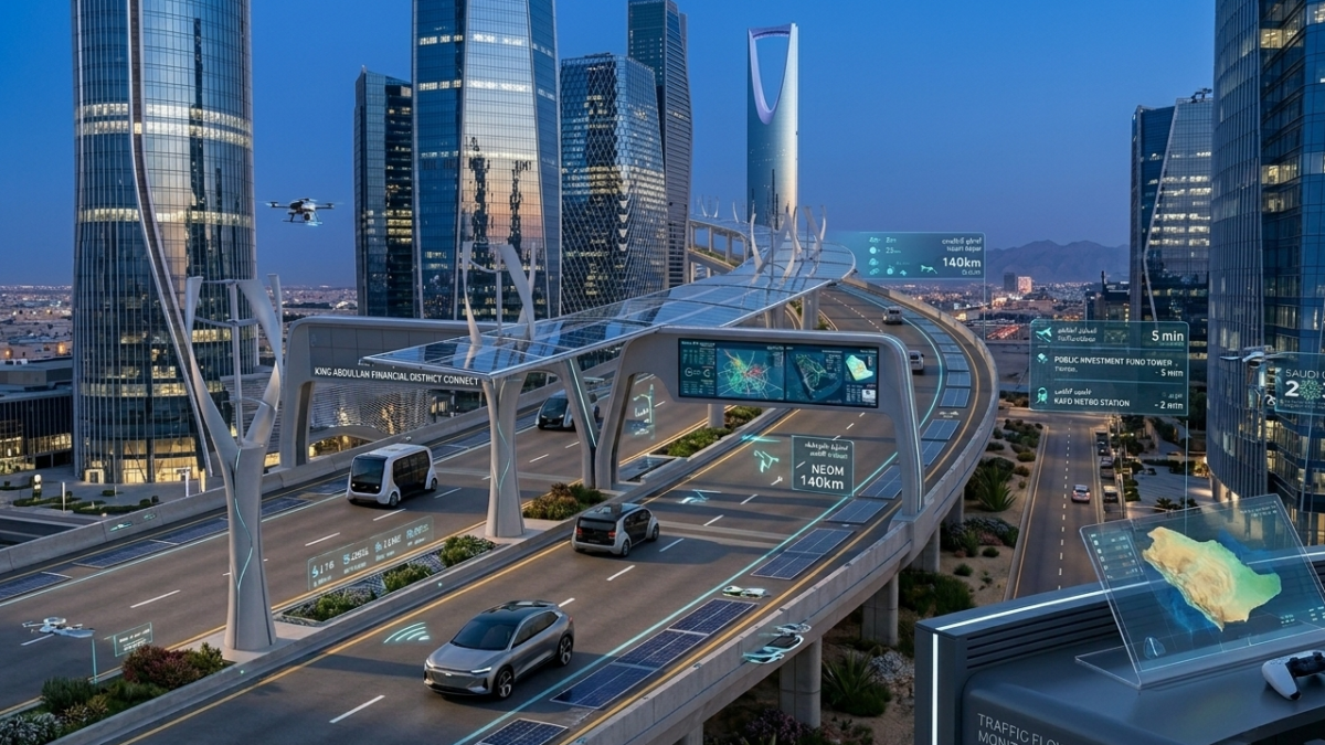 The glowing corporate skyline of King Abdullah Financial District in Riyadh, Saudi Arabia.