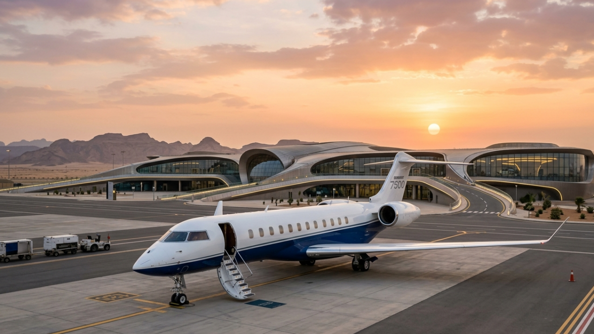 Private luxury aircraft parked on a modern airport runway tarmac in Saudi Arabia during sunset.