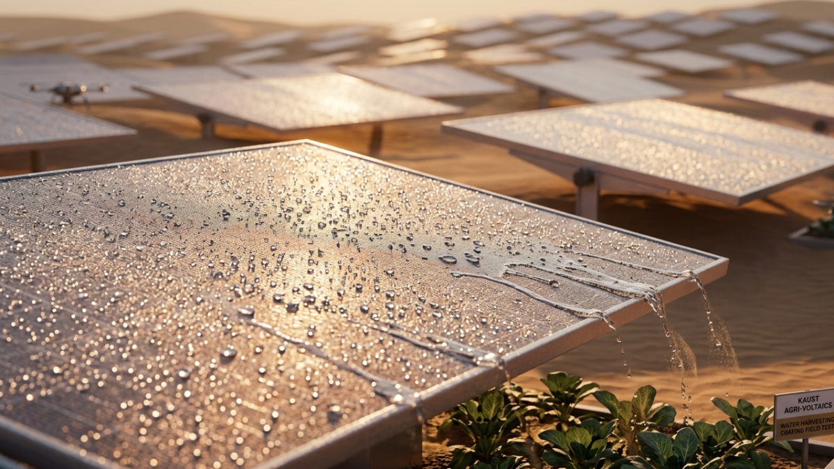 Futuristic solar panels in the Saudi desert equipped with KAUST's water-harvesting coating.