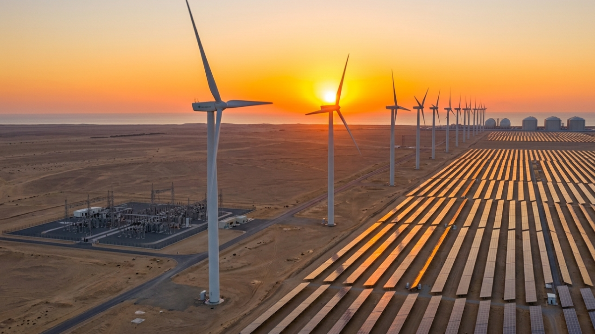 A line of massive 7.7MW clean white wind turbines stretching across the open rocky desert plains of Al Ghat during a clear golden sunset.
