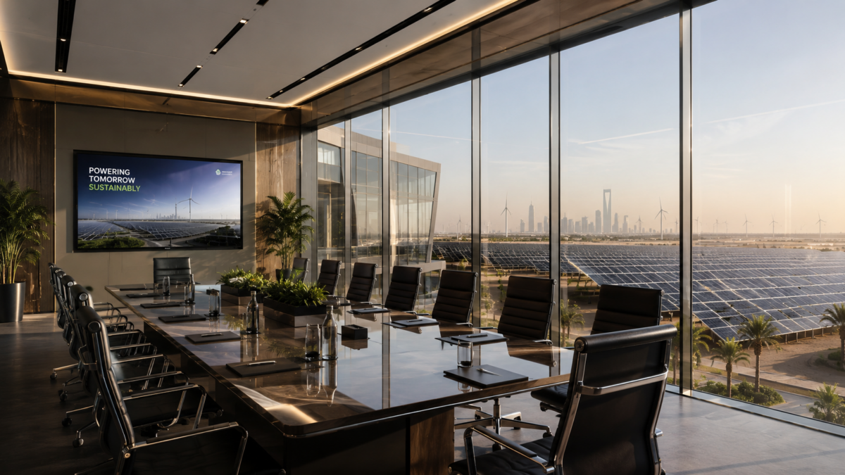 Modern Riyadh sustainable corporate architecture incorporating clean energy technology structures.