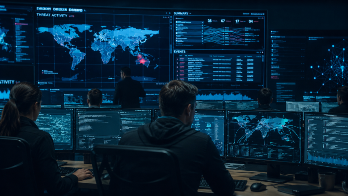 Modern cyber security command center with blue data screens tracking global network traffic.