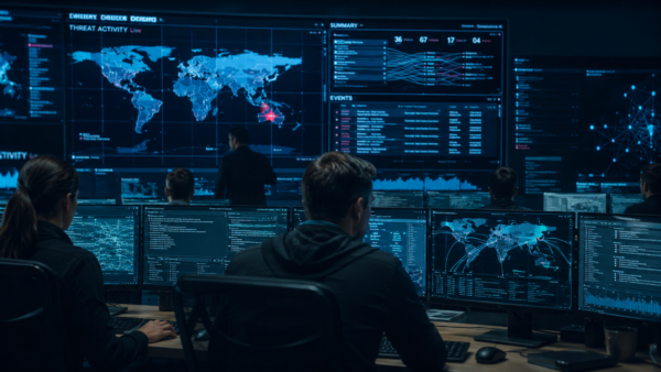 Modern cyber security command center with blue data screens tracking global network traffic.