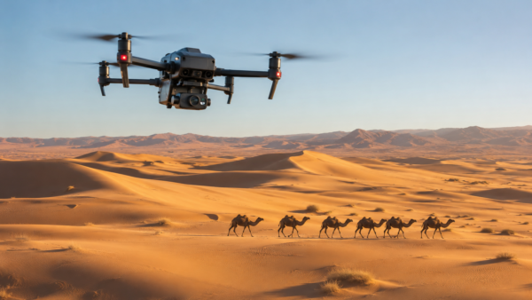 An advanced AI-powered drone performing autonomous aerial tracking over a camel herd in the Saudi Arabian desert.