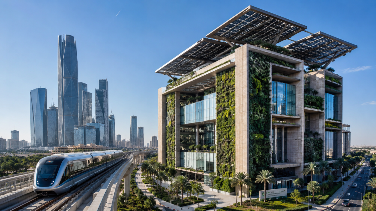 High-tech green building architecture and sustainable transport infrastructure in Riyadh, Saudi Arabia.