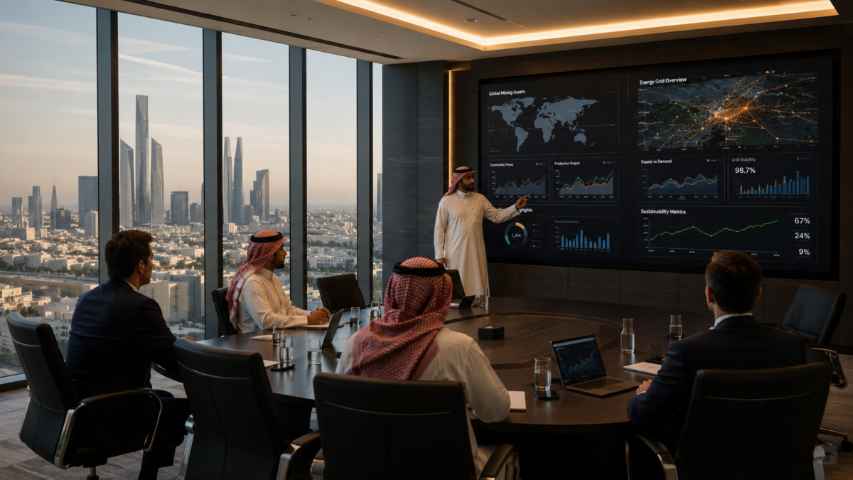 A premium digital executive boardroom setting in Riyadh symbolizing Saudi public sector structural modernization.