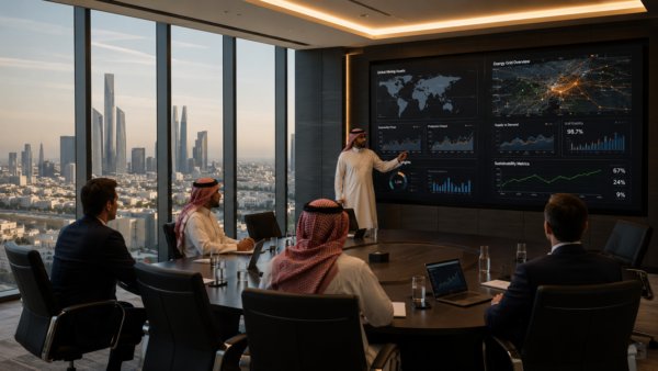 A premium digital executive boardroom setting in Riyadh symbolizing Saudi public sector structural modernization.