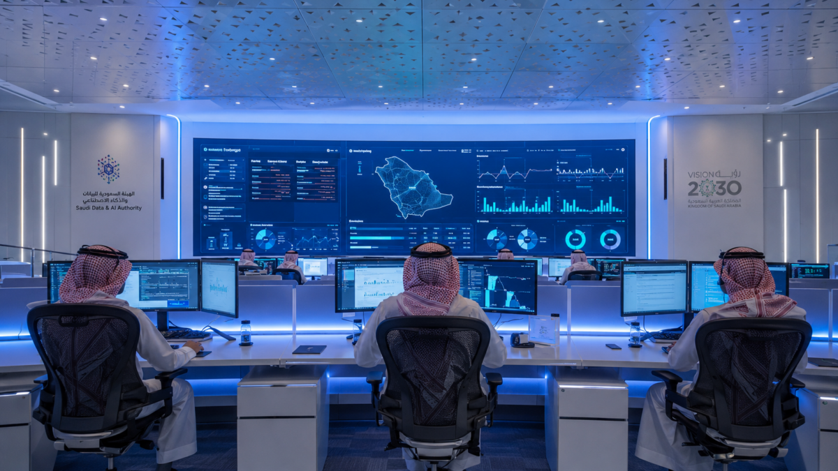 High-tech government data control center in Saudi Arabia displaying digital transformation analytics