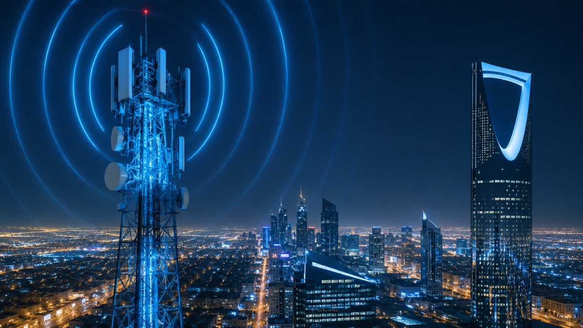 Modern 5G-Advanced telecom tower infrastructure overlooking the illuminated Riyadh skyline.
