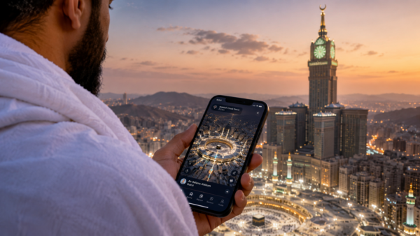 Pilgrim using the Hudhud digital navigation application in Makkah.