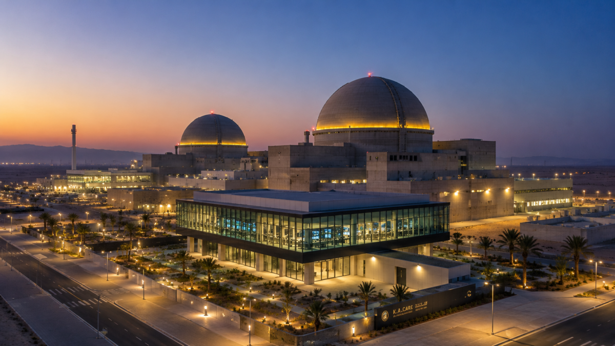 Conceptual modern civil nuclear energy installation in Saudi Arabia highlighting futuristic industrial infrastructure.