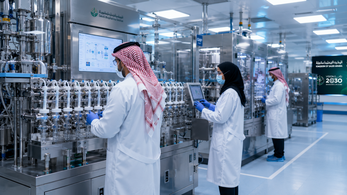 Saudi biopharma researchers working in a high-tech laboratory setting in Riyadh.