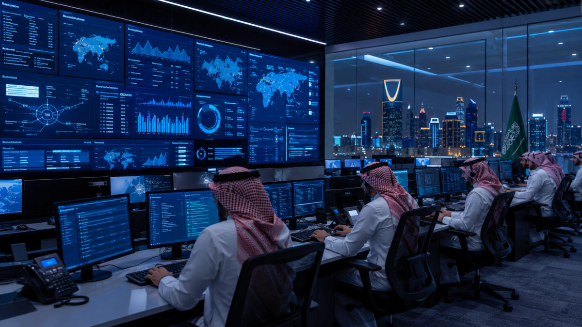 Saudi cybersecurity analysts working in a modern corporate Security Operations Center in Riyadh.
