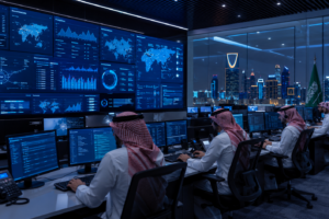 Saudi cybersecurity analysts working in a modern corporate Security Operations Center in Riyadh.