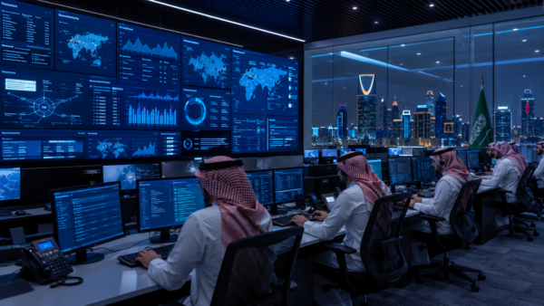 Saudi cybersecurity analysts working in a modern corporate Security Operations Center in Riyadh.