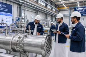 Saudi engineers working inside a precision manufacturing facility for water desalination devices in Dammam.