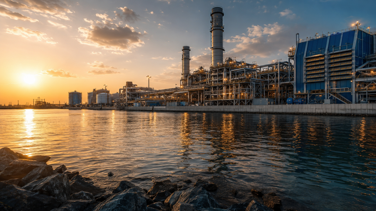 A modern dual-fuel thermal power plant infrastructure on the western coast of Saudi Arabia during sunset.