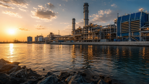 A modern dual-fuel thermal power plant infrastructure on the western coast of Saudi Arabia during sunset.
