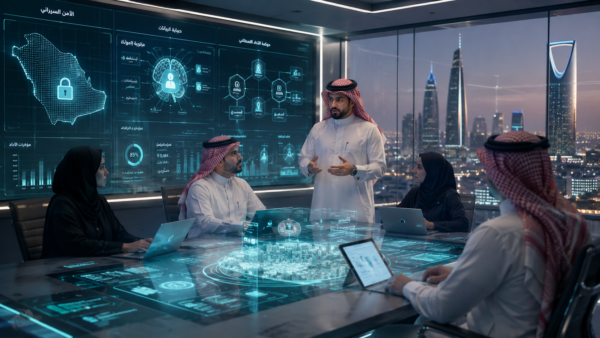 Saudi technology executives reviewing AI governance dashboards in a modern Riyadh boardroom illustrating SDAIA ISO 42001 compliance standards.