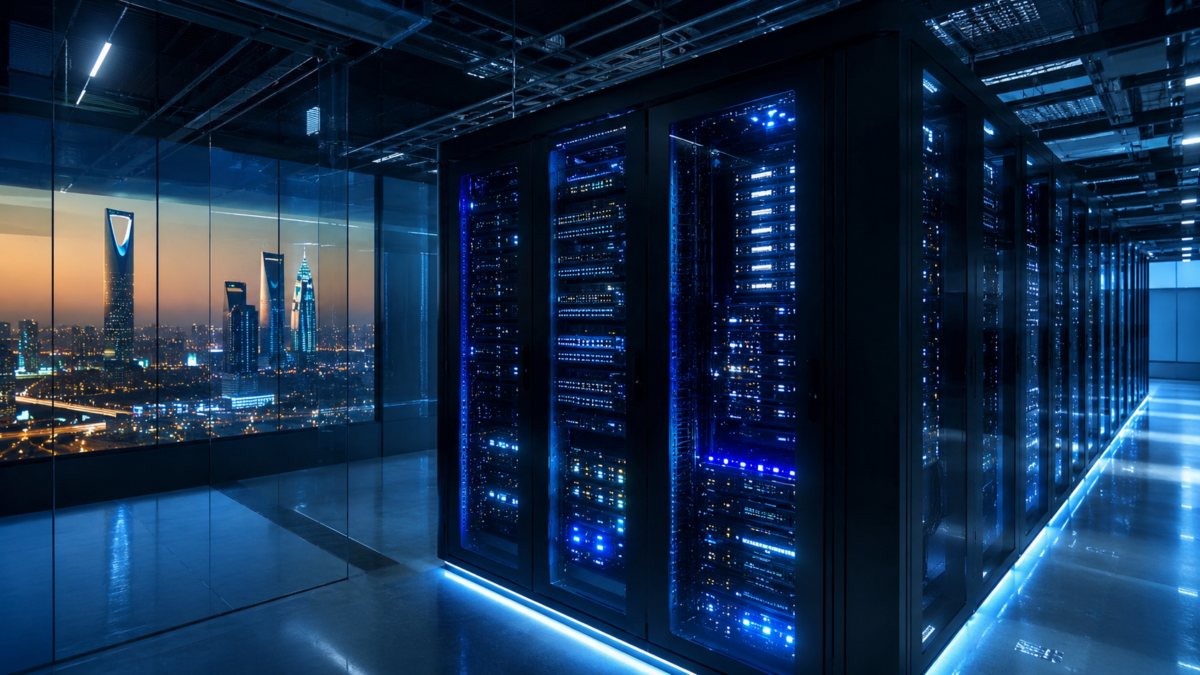 Modern enterprise data center server room in Saudi Arabia representing local cloud infrastructure and SaaS deployment.