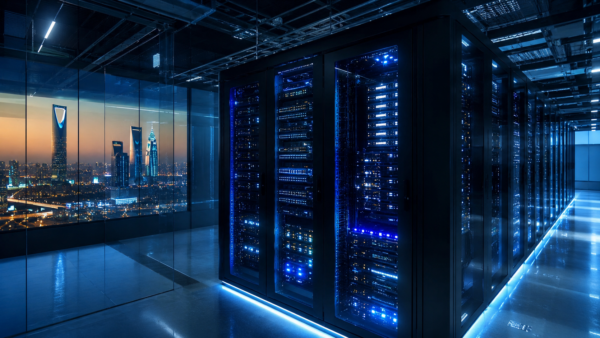 Modern enterprise data center server room in Saudi Arabia representing local cloud infrastructure and SaaS deployment.