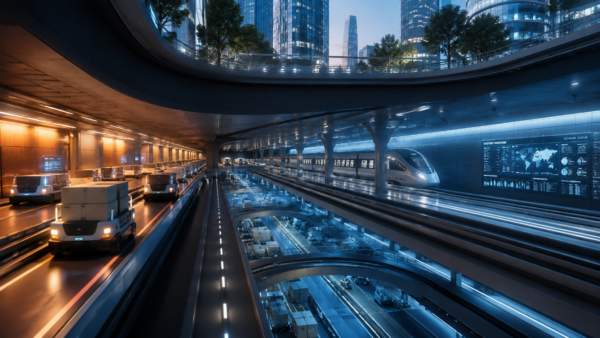 Futuristic subterranean logistics tunnel in NEOM showing autonomous freight transit and rail infrastructure.