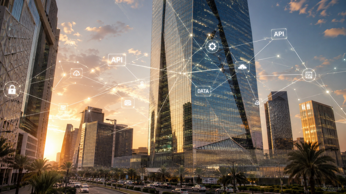 Modern financial tower in KAFD Riyadh representing Open Banking KSA and digital API integration.