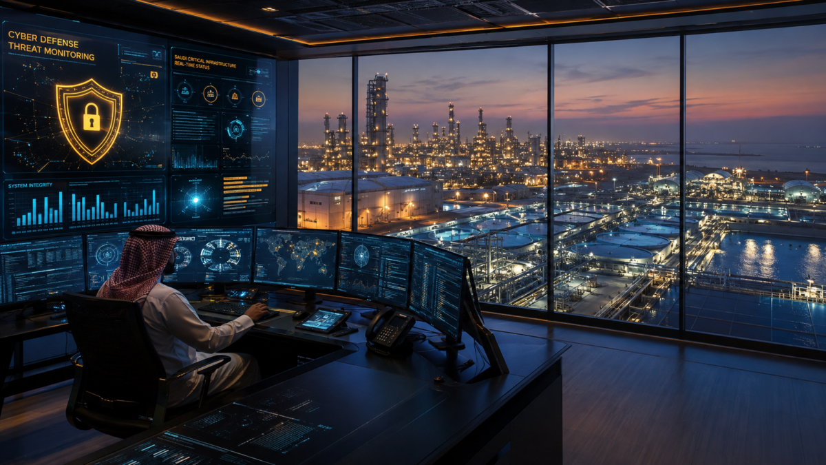 Advanced cyber defense control center monitoring industrial control systems across Saudi Arabia's critical energy and water infrastructure.