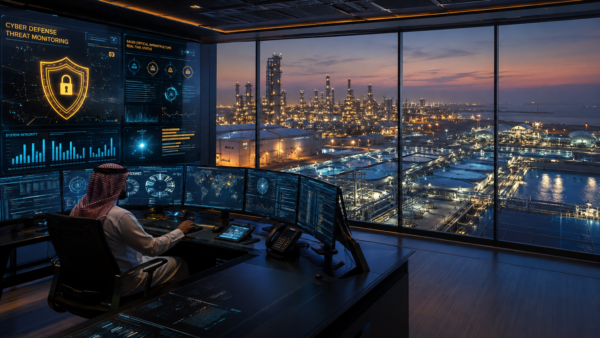 Advanced cyber defense control center monitoring industrial control systems across Saudi Arabia's critical energy and water infrastructure.