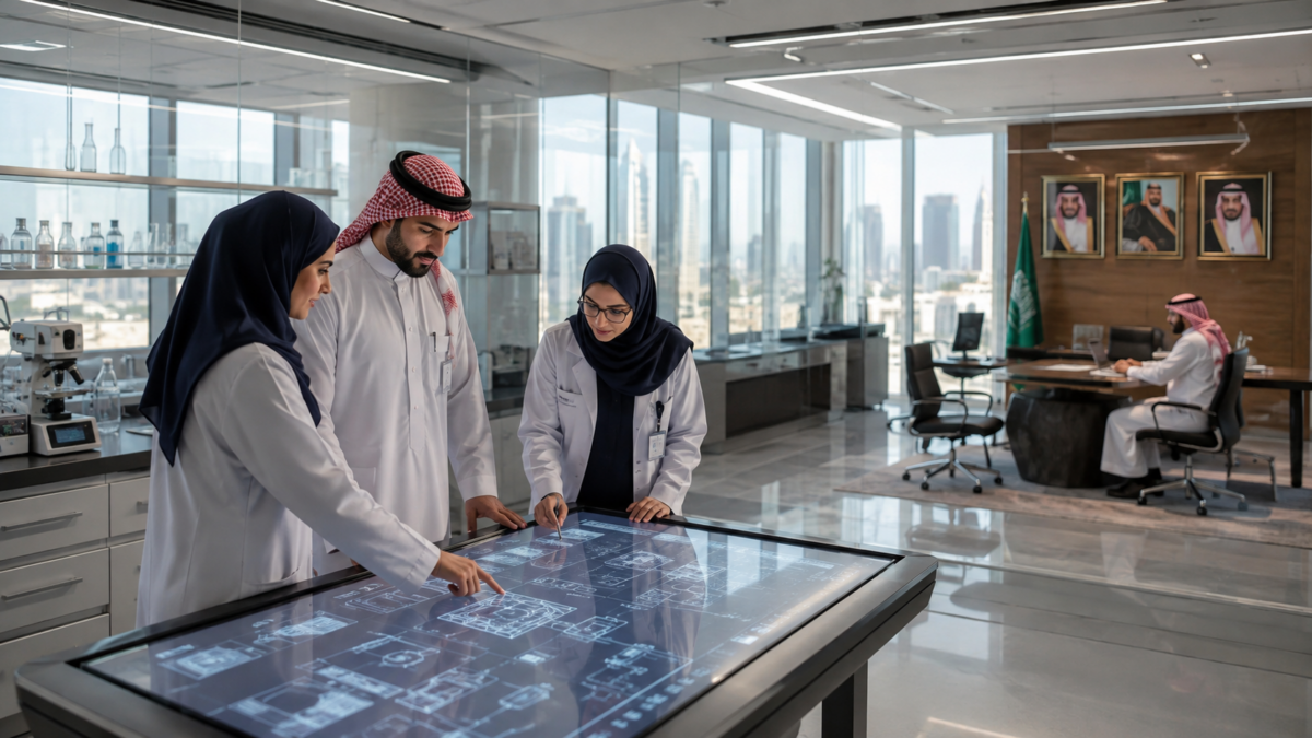 Saudi professionals engaging in academic research at modern Elm headquarters in Riyadh