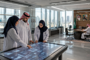 Saudi professionals engaging in academic research at modern Elm headquarters in Riyadh
