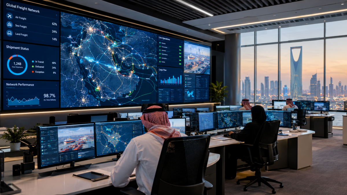Modern digital supply chain control center monitoring logistics and procurement in Saudi Arabia