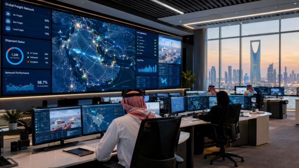 Modern digital supply chain control center monitoring logistics and procurement in Saudi Arabia