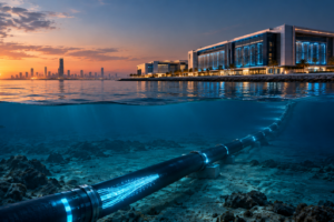 High-capacity fiber optic subsea cable connecting Middle East and Africa digital infrastructure.