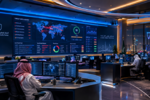 Modern cybersecurity operations center monitoring critical infrastructure defense in Saudi Arabia