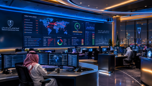 Modern cybersecurity operations center monitoring critical infrastructure defense in Saudi Arabia