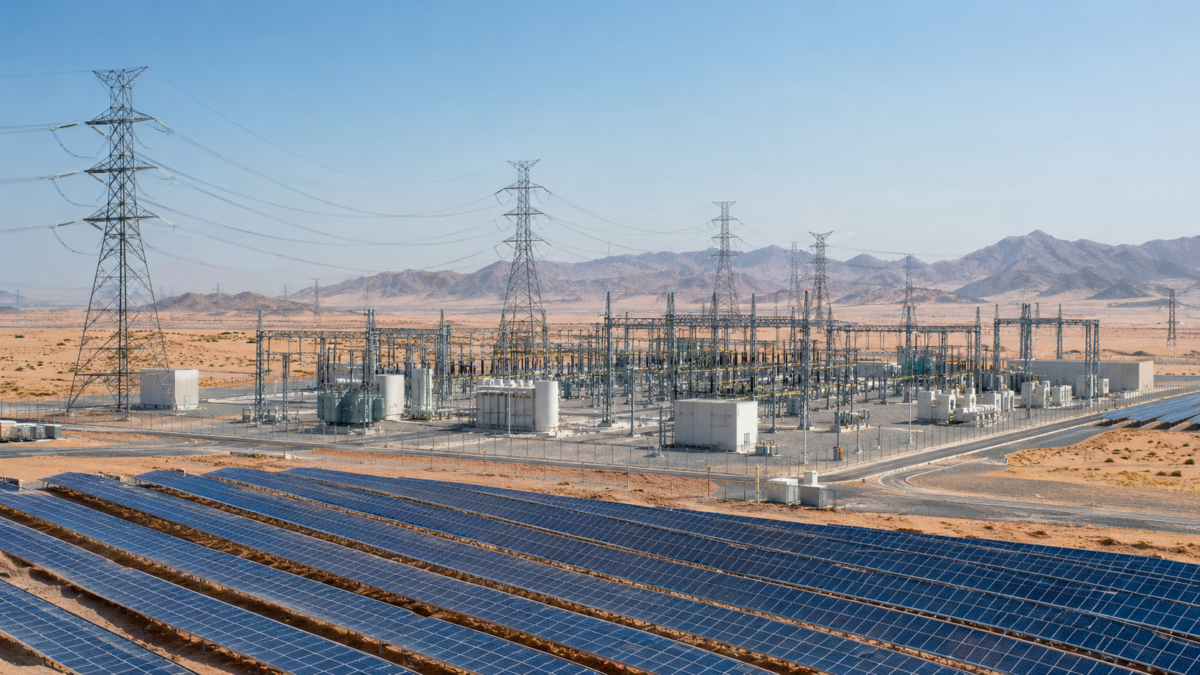 Modern clean energy power grid infrastructure and solar array in Saudi Arabia