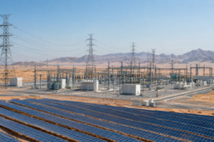 Modern clean energy power grid infrastructure and solar array in Saudi Arabia